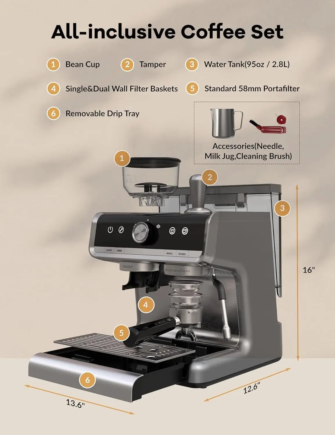20 Bar Espresso Machine 1450W Semi Automatic Grinder For Latte Cappuccino Gift