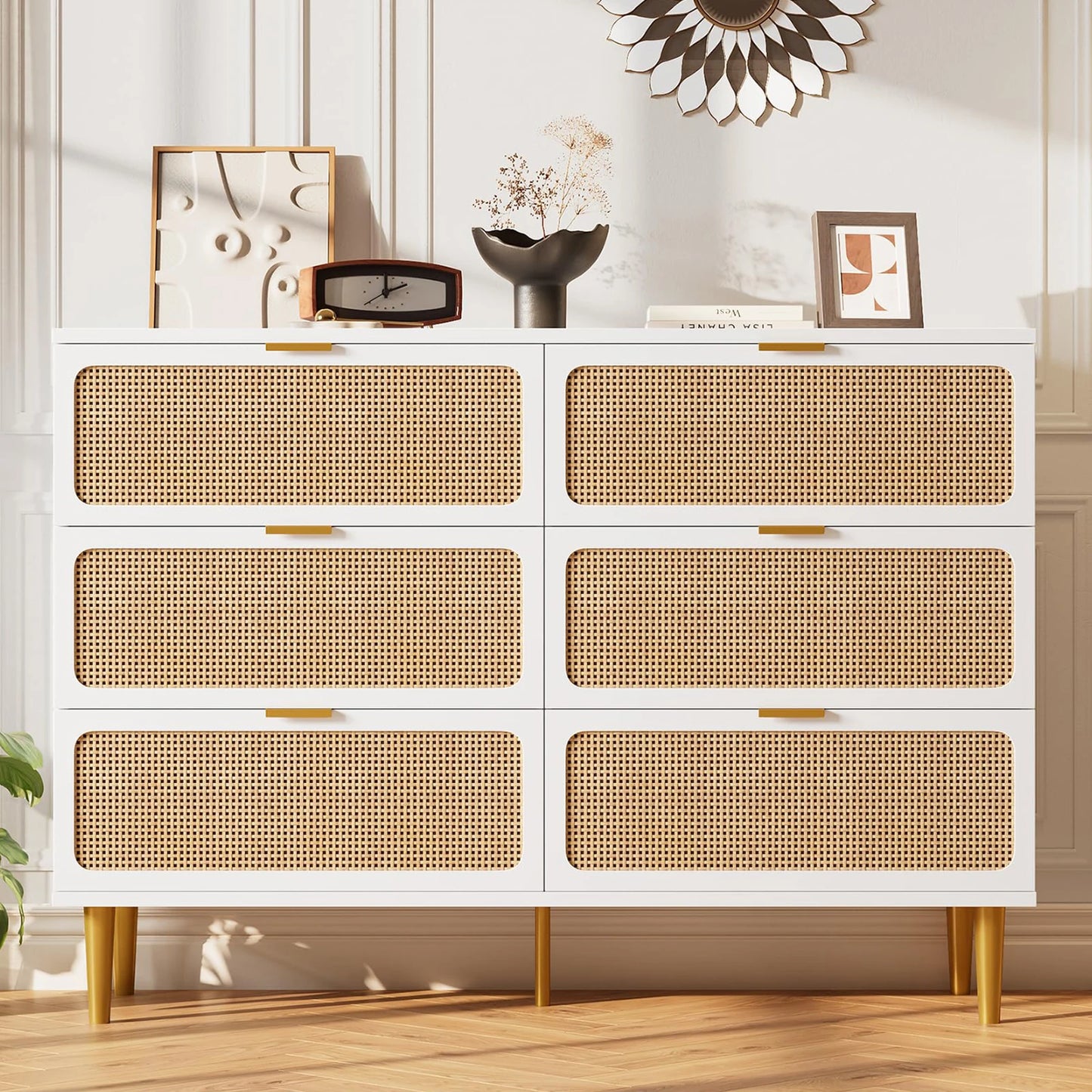 6 Drawer Rattan Dresser Natural Handwoven Rattan Wood For Bedroom Living Room