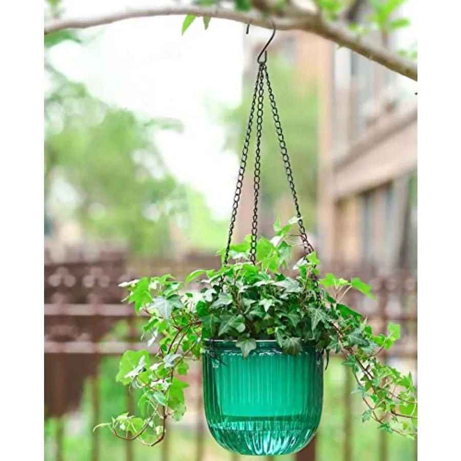 2 Pack Self Watering Hanging Planters 6.5 Inch Transparent PET Pots Emerald