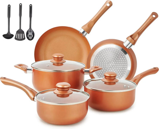 Pots and Pans Set Ultra Nonstick, Pre-Installed 11pcs Cookware Set Copper with Ceramic Coating, Stay cool handle & Nylon Kitchen
