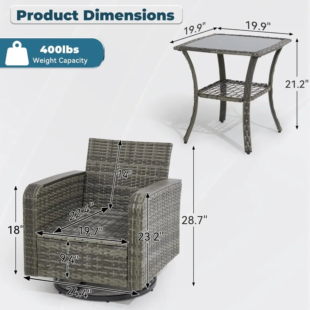 3 Piece Outdoor Wicker Patio Set With Swivel Chairs And Side Table Grey