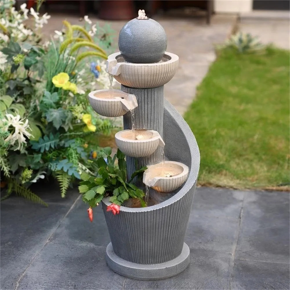 29 Inch Cascading Resin Water Fountain with LED Lights, Modern Indoor Garden Decor, Small Water Feature