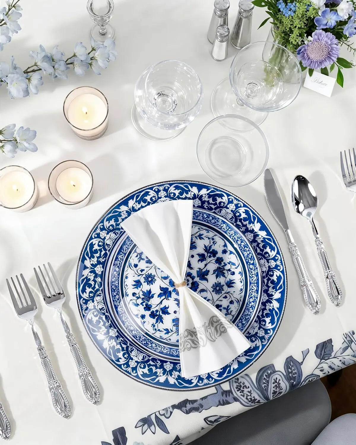 60 Piece Blue Floral Plastic Plates Set 10.25 Inch Dinner 7.5 Inch Dessert