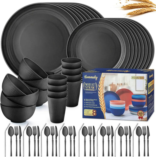 64-Piece Black Wheat Straw Dinnerware Set For 8 Plates Bowls Dishwasher Safe
