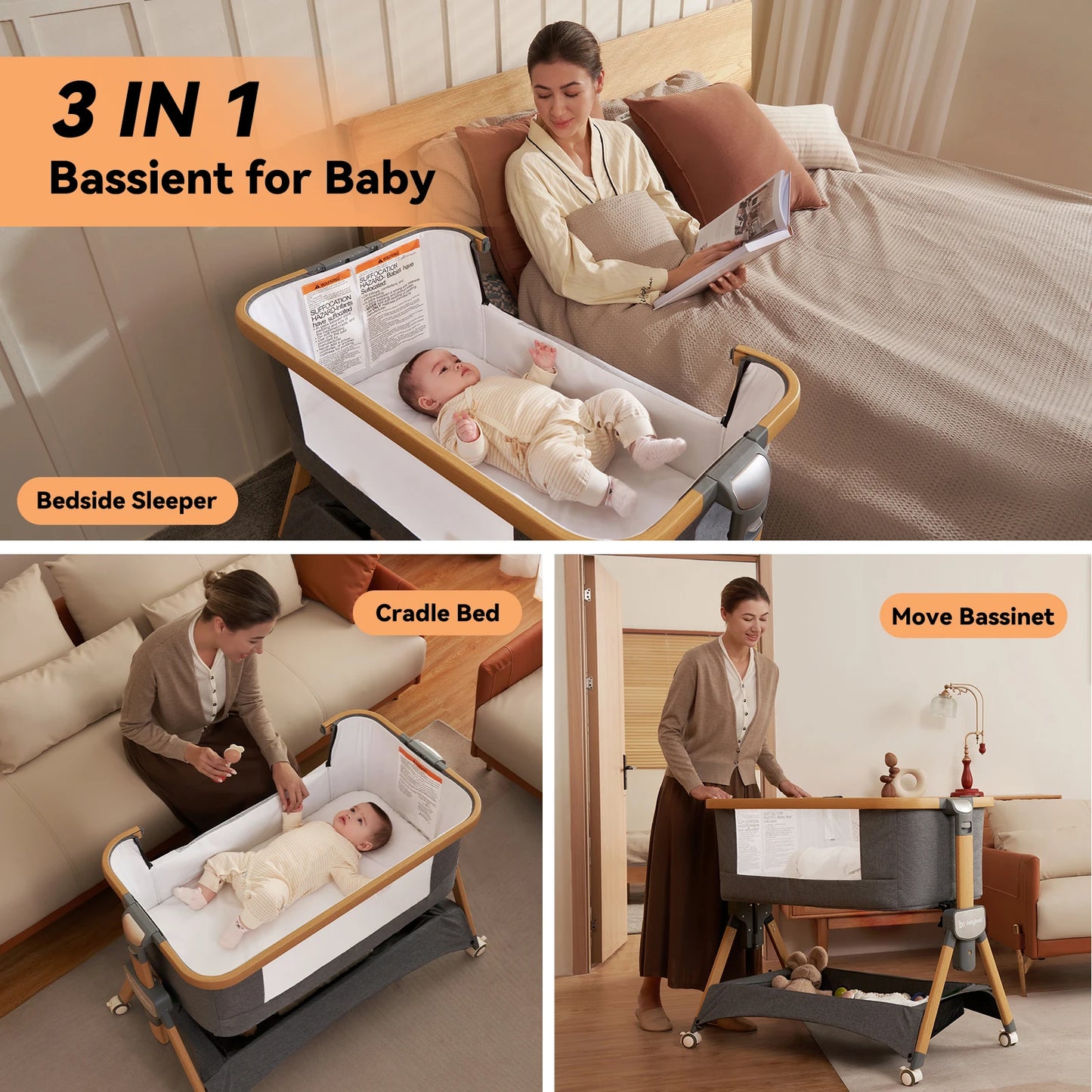 Cozy 2 Baby Bedside Bassinet 3 in 1 Portable Crib with Mattress and Wheels