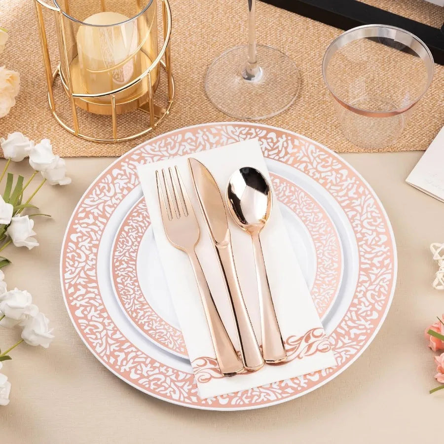 Rose Gold Plastic Dinnerware Set For 100 Guests Disposable Plates 700 Pieces