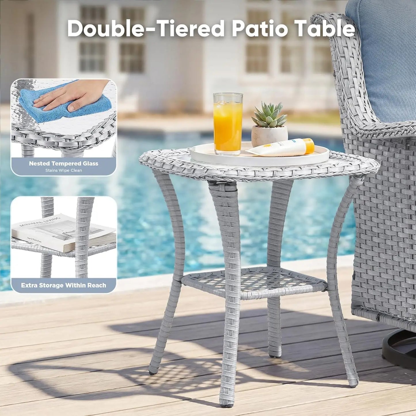 Patio Wicker Swivel Rocker Chairs Outdoor Furniture Set With Rattan Side Table