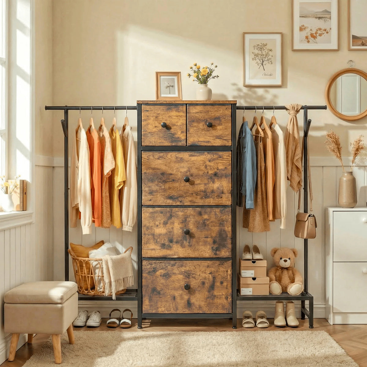 5 Drawer Dresser With Hanging Rod And Shoe Rack Bedroom Closet Organizer