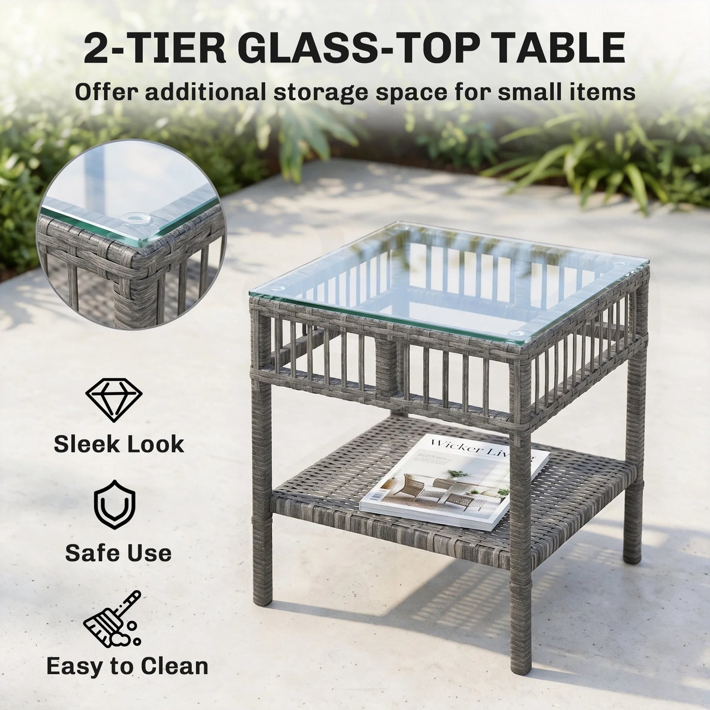3 Piece Grey PE Rattan Outdoor Rocking Chair Set With Glass Table