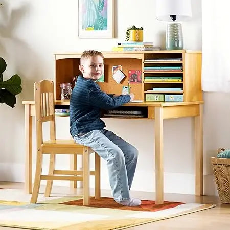 Kids Media Desk and Chair Set - Navy: Student's Workstation with Storage, Wooden Writing Table with Hutch and Shelves for Kids