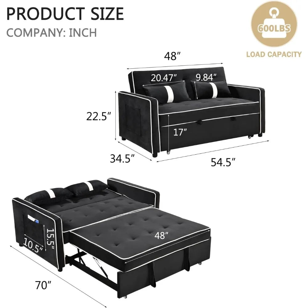 3 In 1 Convertible Sleeper Sofa Bed 54.5 Inch Velvet