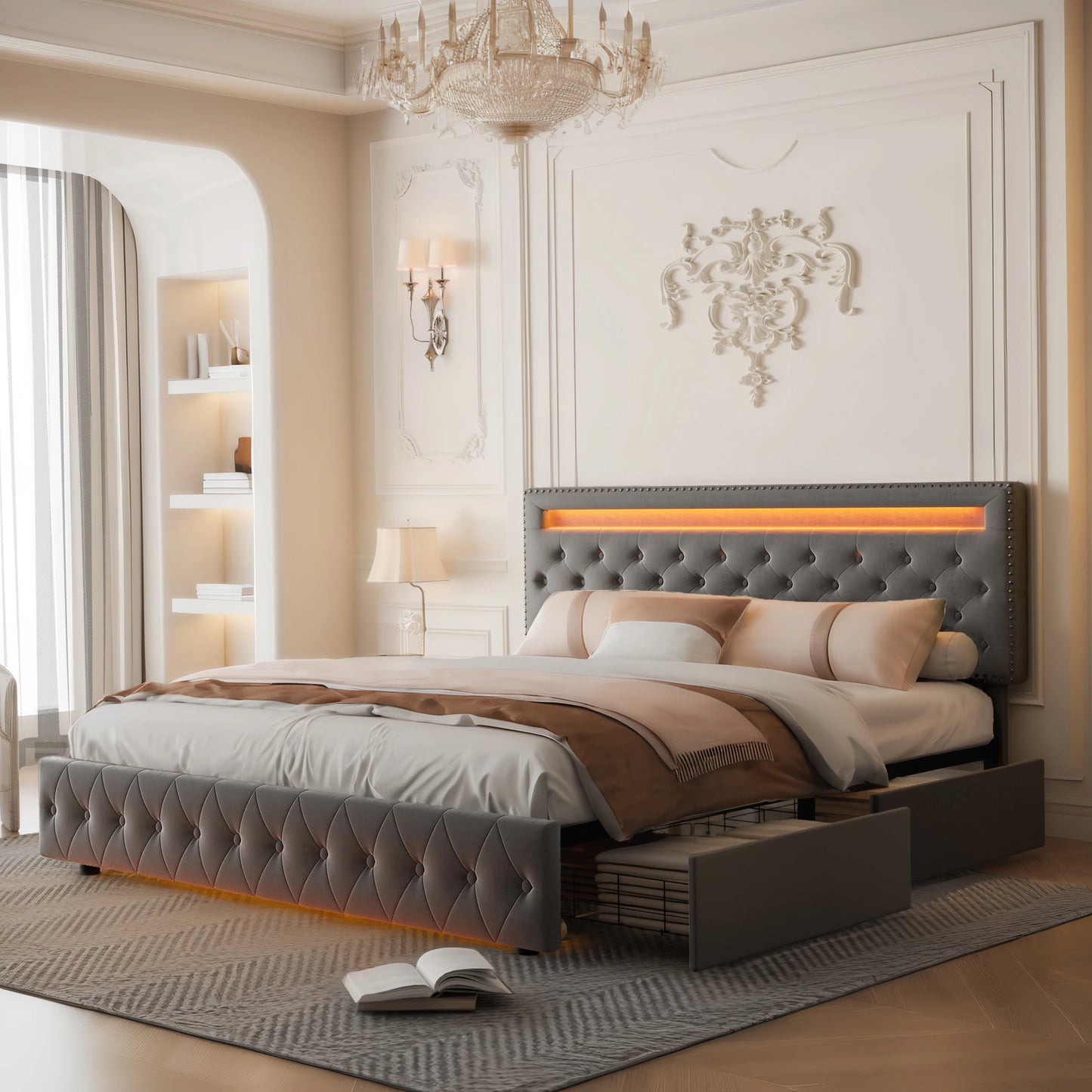 GEGOFORU Full Size LED Bed Frame Storage Drawers RGBW Lights PU Velvet