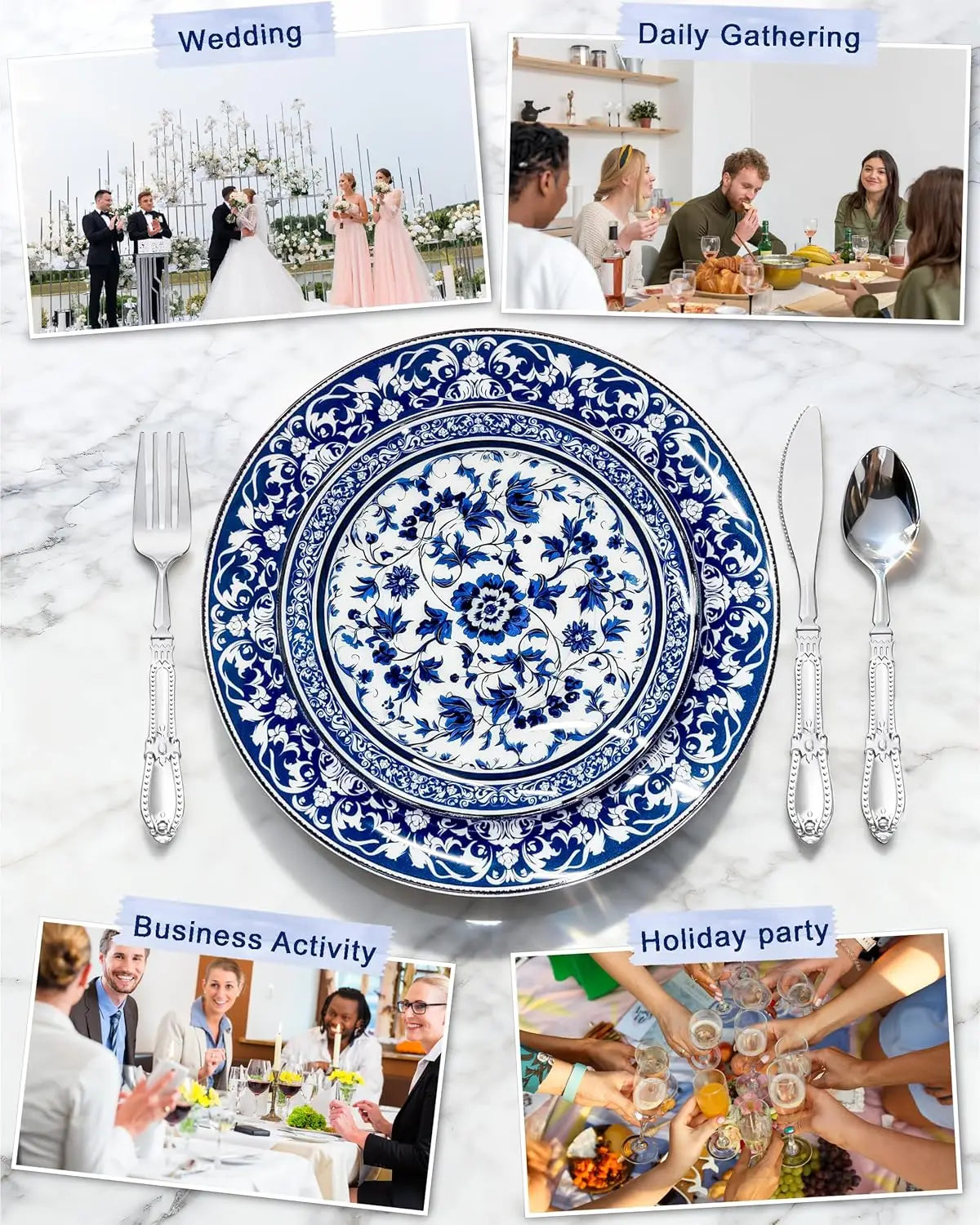 60 Piece Blue Floral Plastic Plates Set 10.25 Inch Dinner 7.5 Inch Dessert