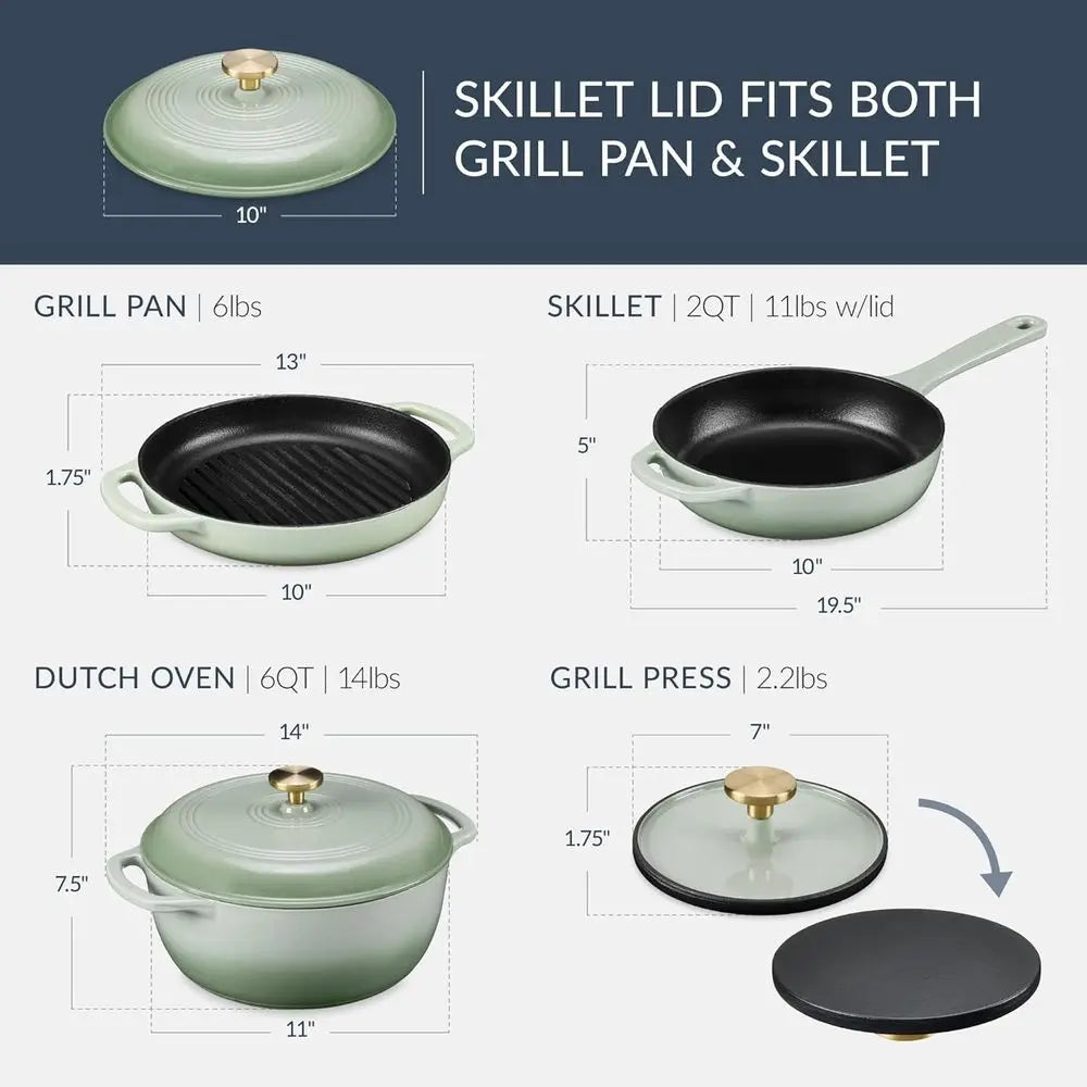 Sage Cast Iron Cookware Set With Skillet Lid 10in Grill Pan And 6Qt Dutch Oven
