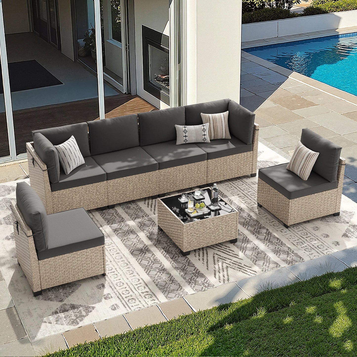7 Piece All Weather Outdoor Rattan Patio Sofa Set With Tempered Glass Table
