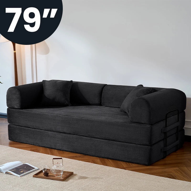 79 Inch Folding Sofa Bed Corduroy Upholstered Loveseat Sleeper For Living Room