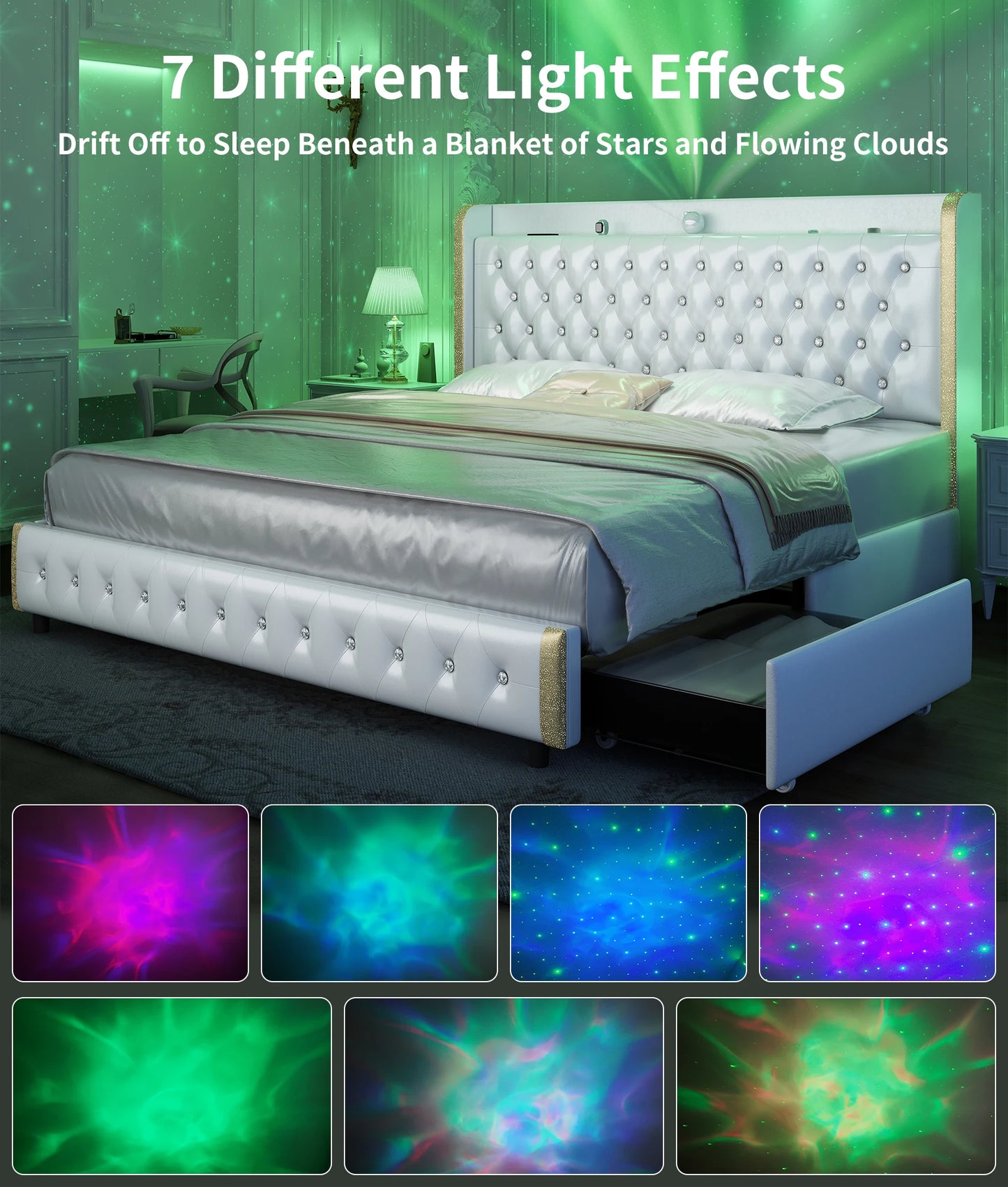 GEGOFORU Queen LED Bed Frame Galaxy Projector USB Ports 4 Drawers