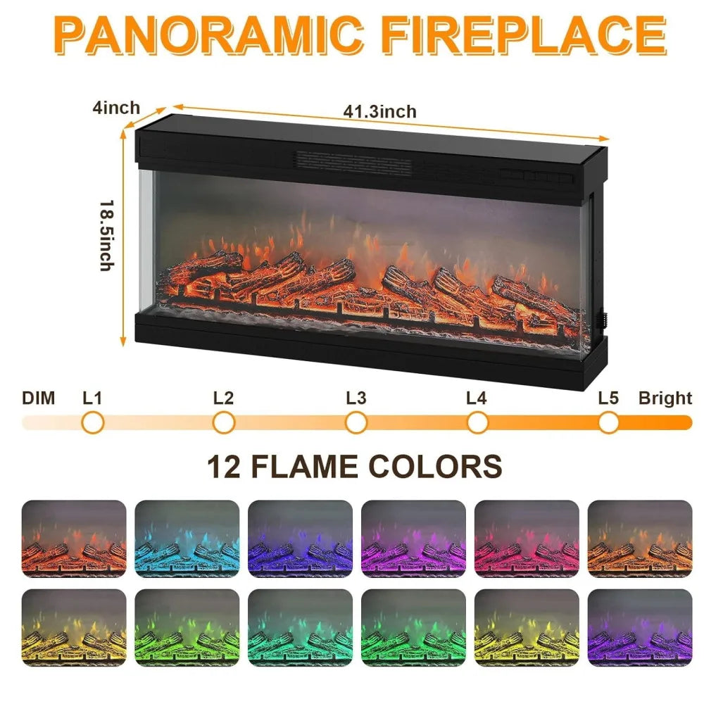 75“ TV Stand with Electric Fireplace, Farmhouse Entertainment Center for 80 Inch TV, 3-Sided Glass Fireplace Heater 5000BTU, 12 Flame Colors, Storage Cabinet with Shelves, Remote Control, Living Room Furniture