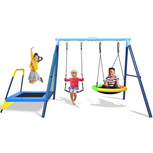 440lbs Swing Set 3in1 Outdoor Playground with Saucer Swing Belt Seat and 4ft Trampoline Heavy Duty AFrame Metal Stand and Safet
