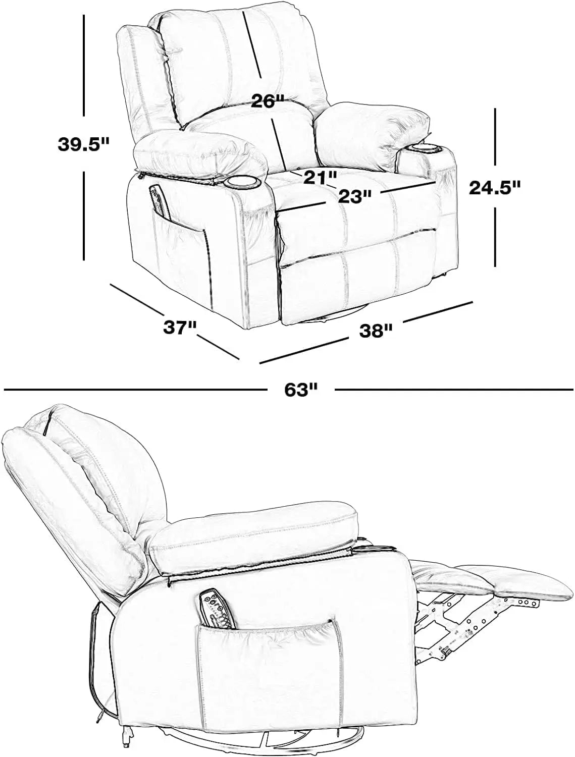 Rocker Recliner Chair with Massage and Heated,Overstuffed Leather Swivel Rocking Recliner Chairs for Adults, Manual Lounge Chair