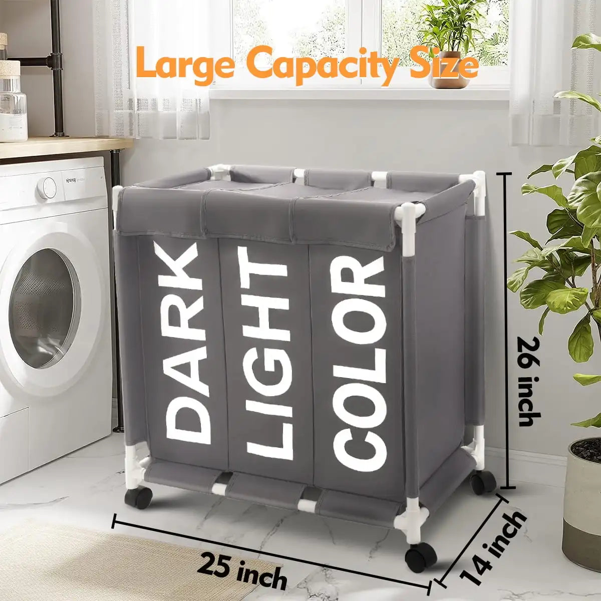Wheeled Laundry Hamper with Lids 150L 3 Section Sorter Gray
