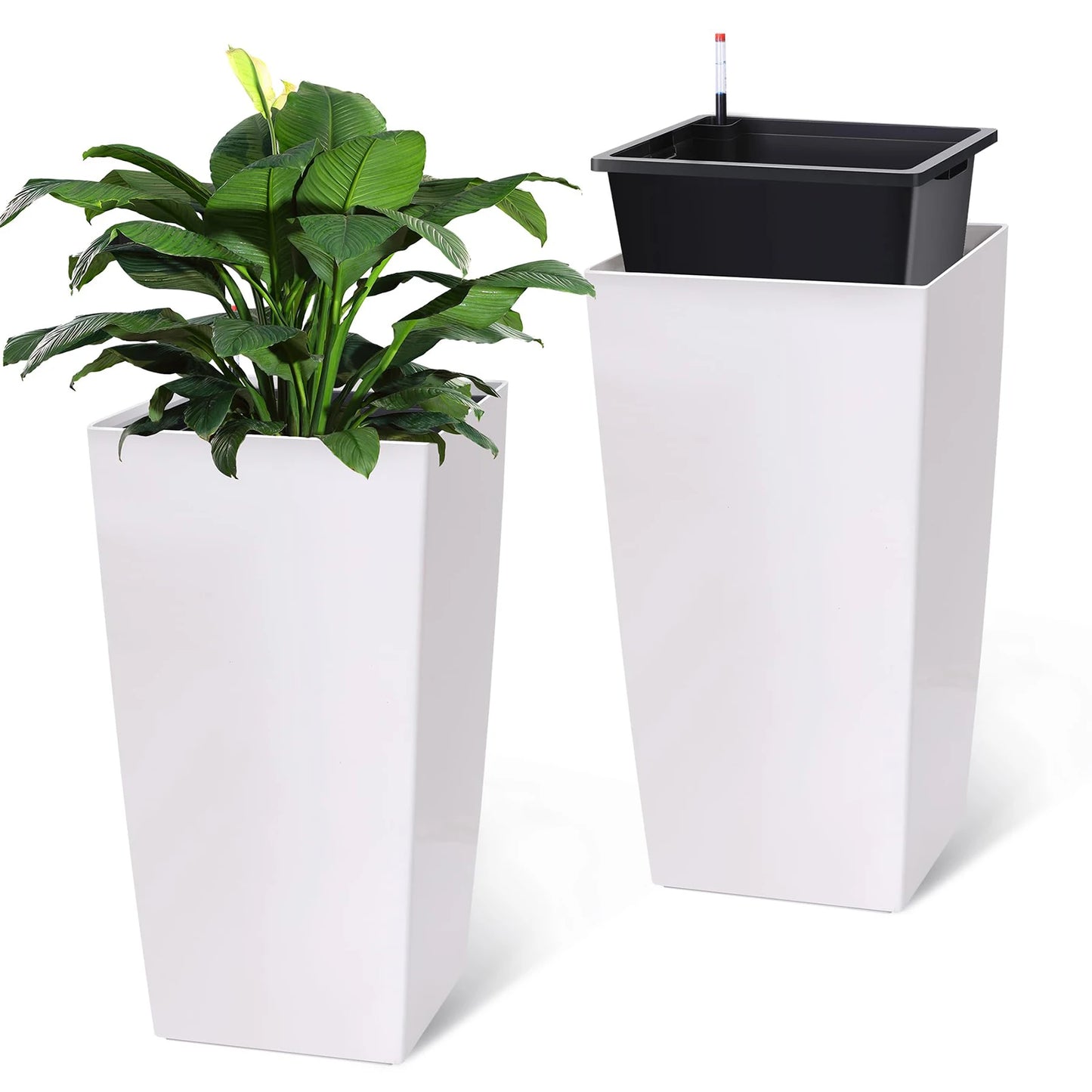 Set Of 2 30in Tall Planters For Indoor Outdoor, Self Watering Large Flower Pots With Drainage, Water Level Monitor, Insert & Wheels