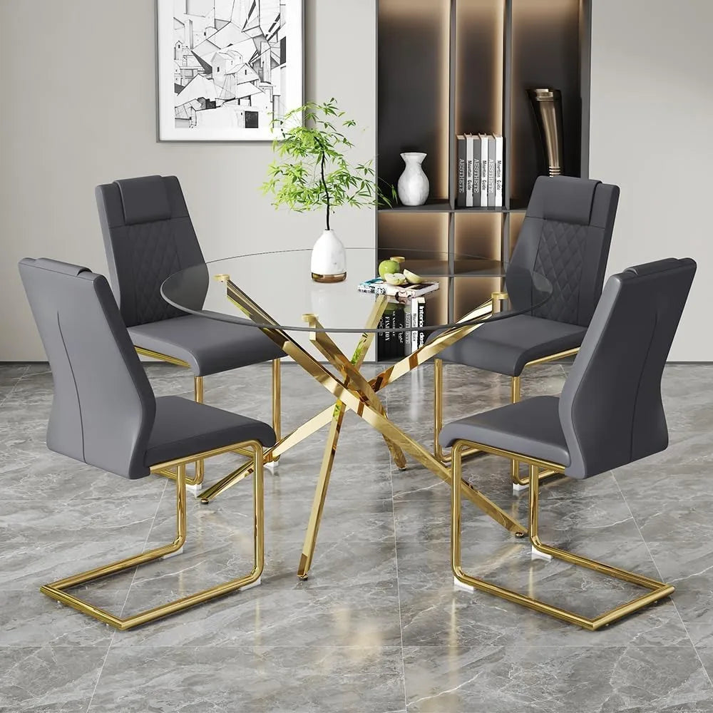 Round Glass Dining Table Set 5 Piece For 4 Modern 47 Inch