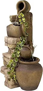 Large Rustic Tiered Stone-Look Floor Fountain with Cascading Waterfall for Indoor or Outdoor Decor