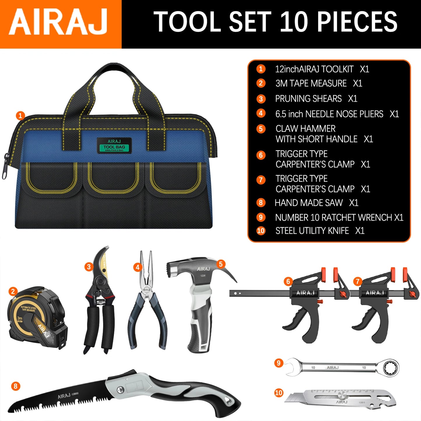 AIRAJ 10Pcs Household Tool Set. With 13 inch Tool Bag-Wide Mouth and Multiple Pockets Design.Garden,Home,Office Small Tool
