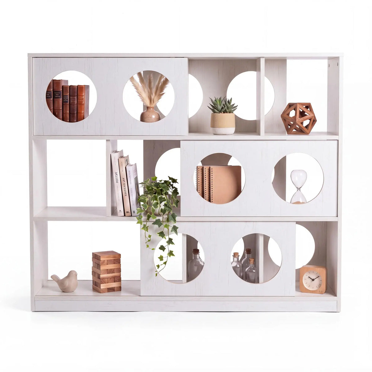 Low Wood Bookshelf With Round Cutout Cubbies Organizer