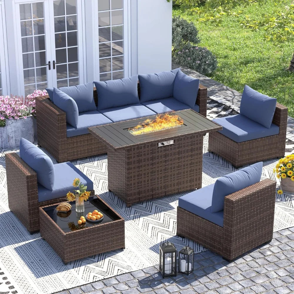 8-Piece Outdoor Wicker Patio Set with 44" Fire Pit Table