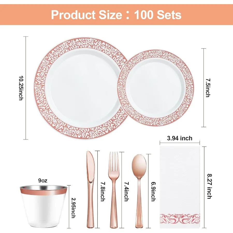 Rose Gold Plastic Dinnerware Set For 100 Guests Disposable Plates 700 Pieces