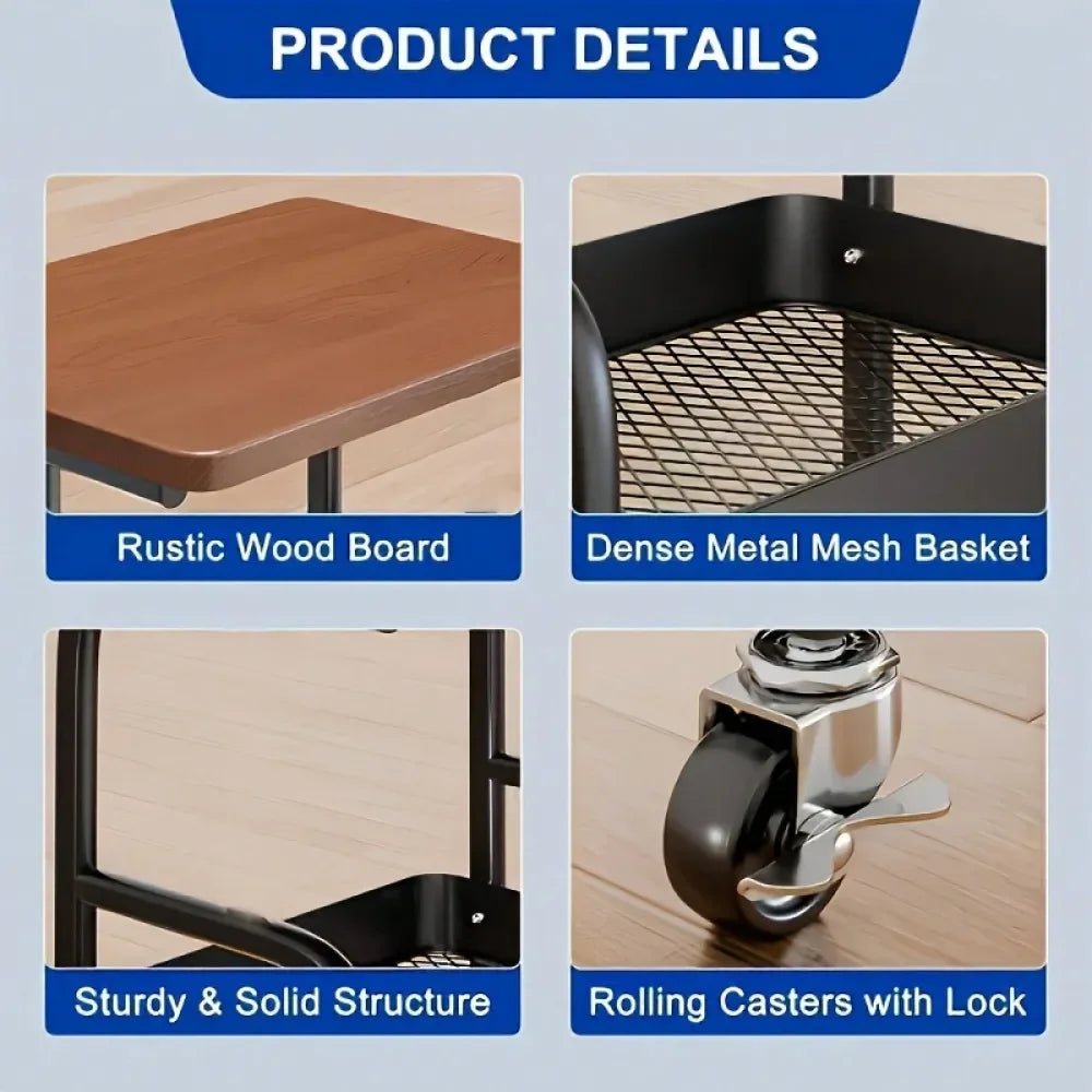 Bamboo 3 Tier Rolling Storage Trolley for Kitchen Office