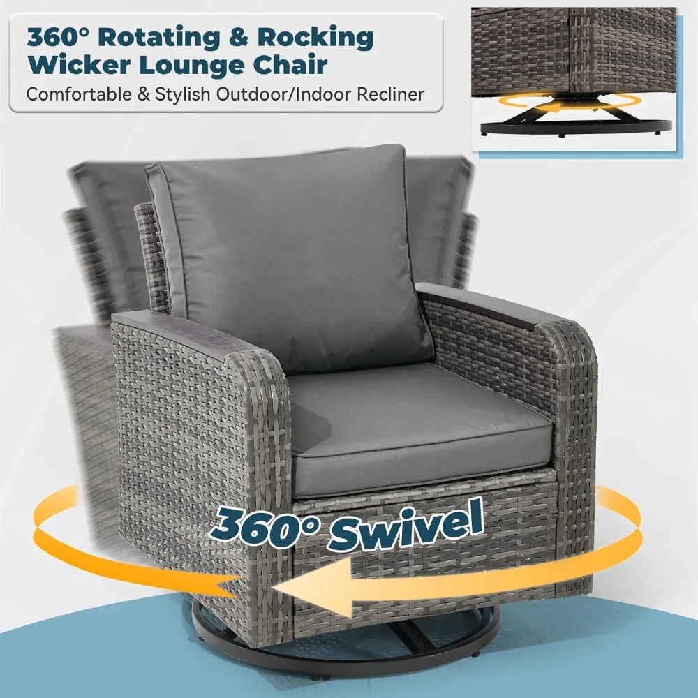 3 Piece Outdoor Wicker Patio Set With Swivel Chairs And Side Table Grey