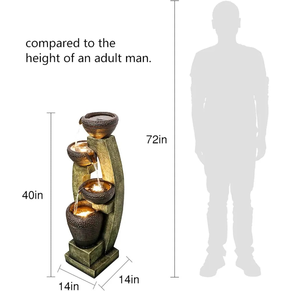 40” H Modern Outdoor Fountain - 4 Crocks Outdoor Garden Fountains With Contemporary Design&led Light For Garden, Patio,