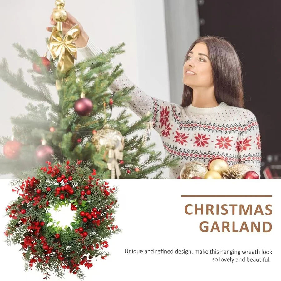 1Pc, Charming 13.8in Christmas Wreath with Red Eucalyptus Berries - Perfect for Front Door, Fireplace Mantle & Window Decor