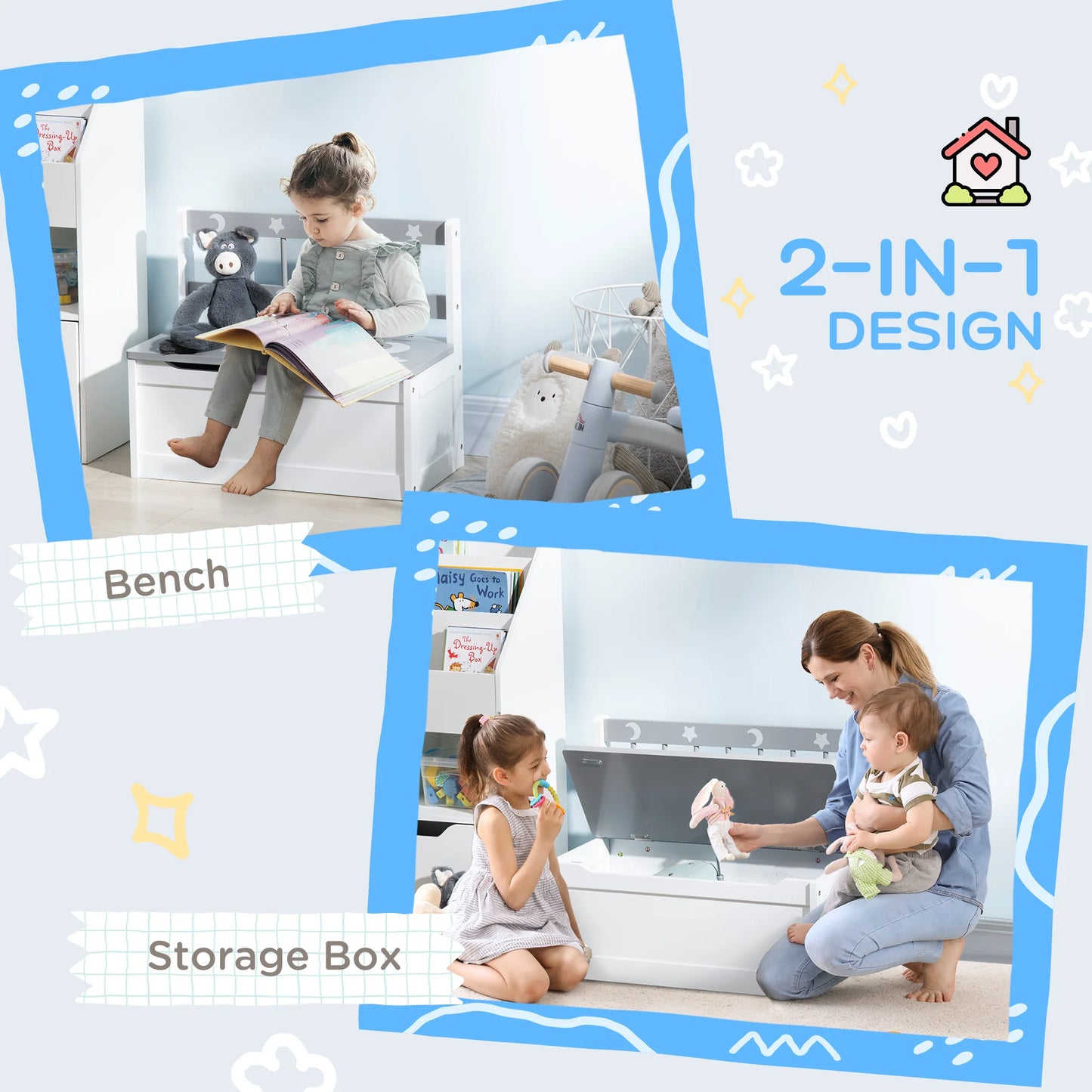Toy Chest Storage Bench Cabinet Pneumatic Rod Grey Kids