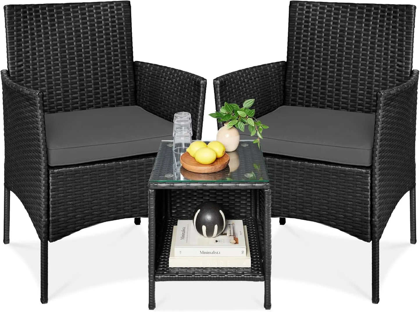 3-Piece Outdoor Wicker Conversation Bistro Set, Space Saving Patio Furniture for Garden w/Side Table
