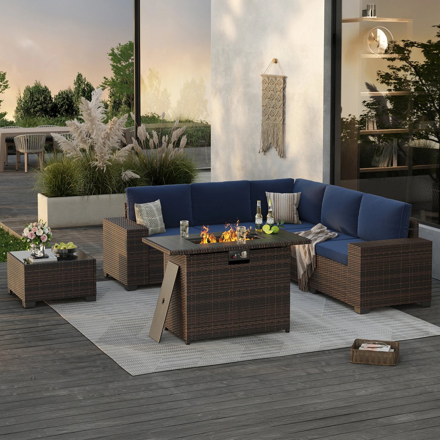 7 Piece Patio Furniture Set With 44 Inch Fire Pit Table Outdoor Rattan Sectional