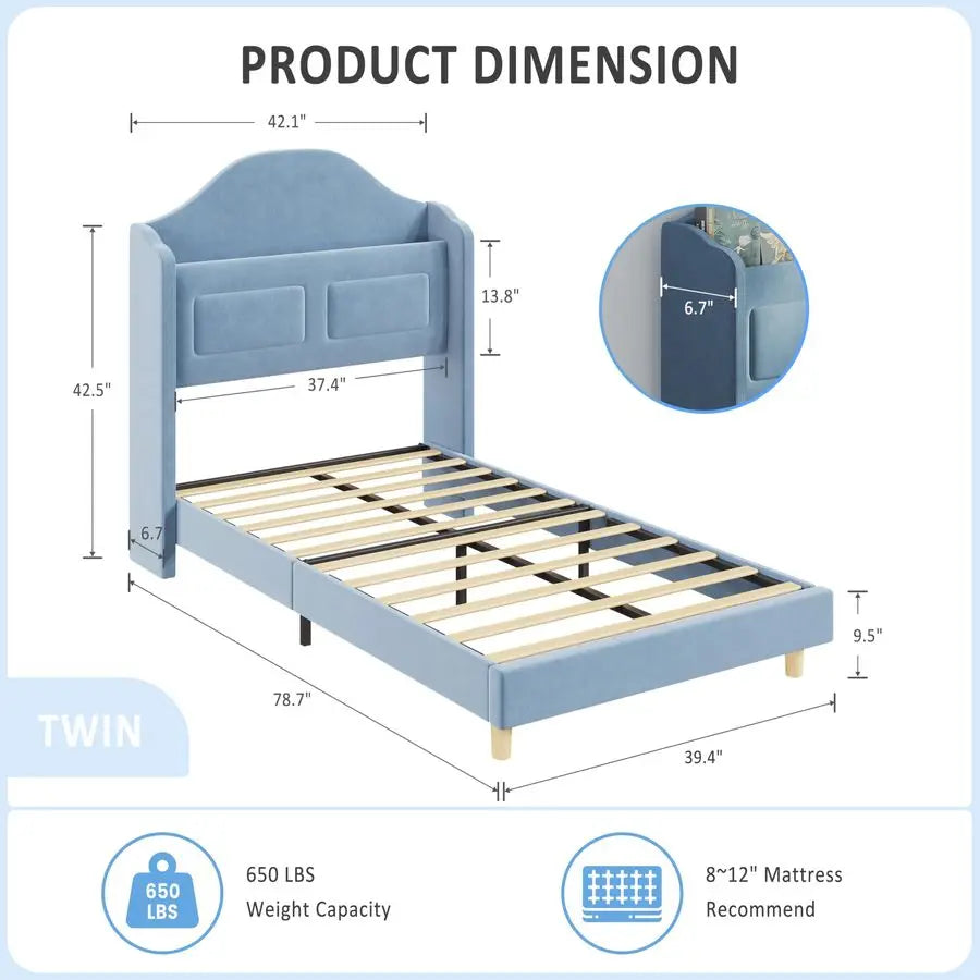 Twin Kids Velvet Platform Bed Frame With Storage Bookcase Headboard LED