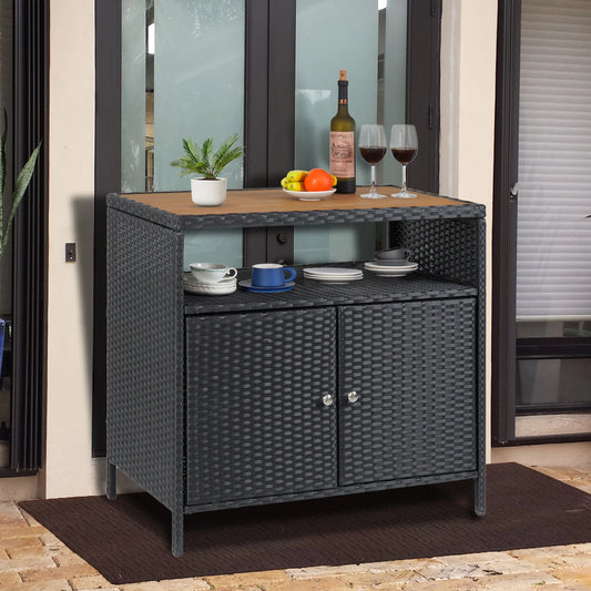 Patio Bar Table with 2-Door and Shelf, Outdoor Wicker Storage Cabinet with Shelf, Resin Wicker Cabinet Patio Pool Garden Kitchen