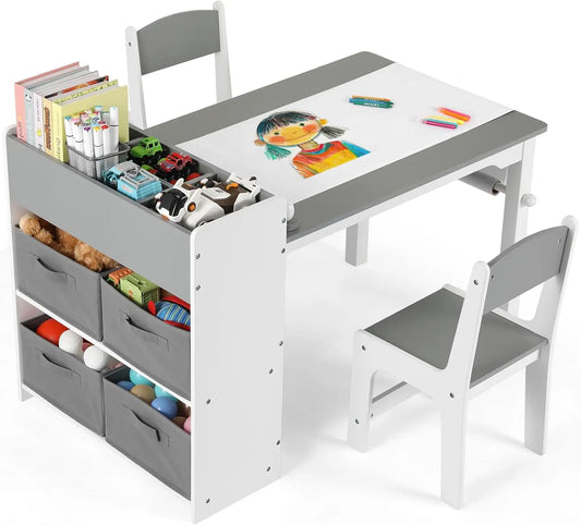 AuAg 2 in1 Children Table and Chair Art Table Wooden Children Play Activity Drawing Kids Wooden Craft Table with Storage Shelves