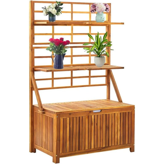 Outdoor Storage Box with Integrated Trellis, Solid Acacia Wood, Adjustable Shelves for Plants and Flowers, 39" x 21.7" x 63"