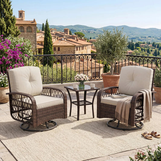 3 Piece Patio Furniture Set, Outdoor Swivel Glider Rocker Chairs With Washable Cushions & Glass Table For Porch Backyard