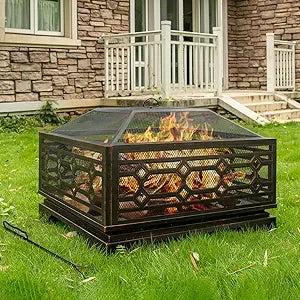 Large Square Outdoor Wood Burning Fire Pit With Mesh Cover