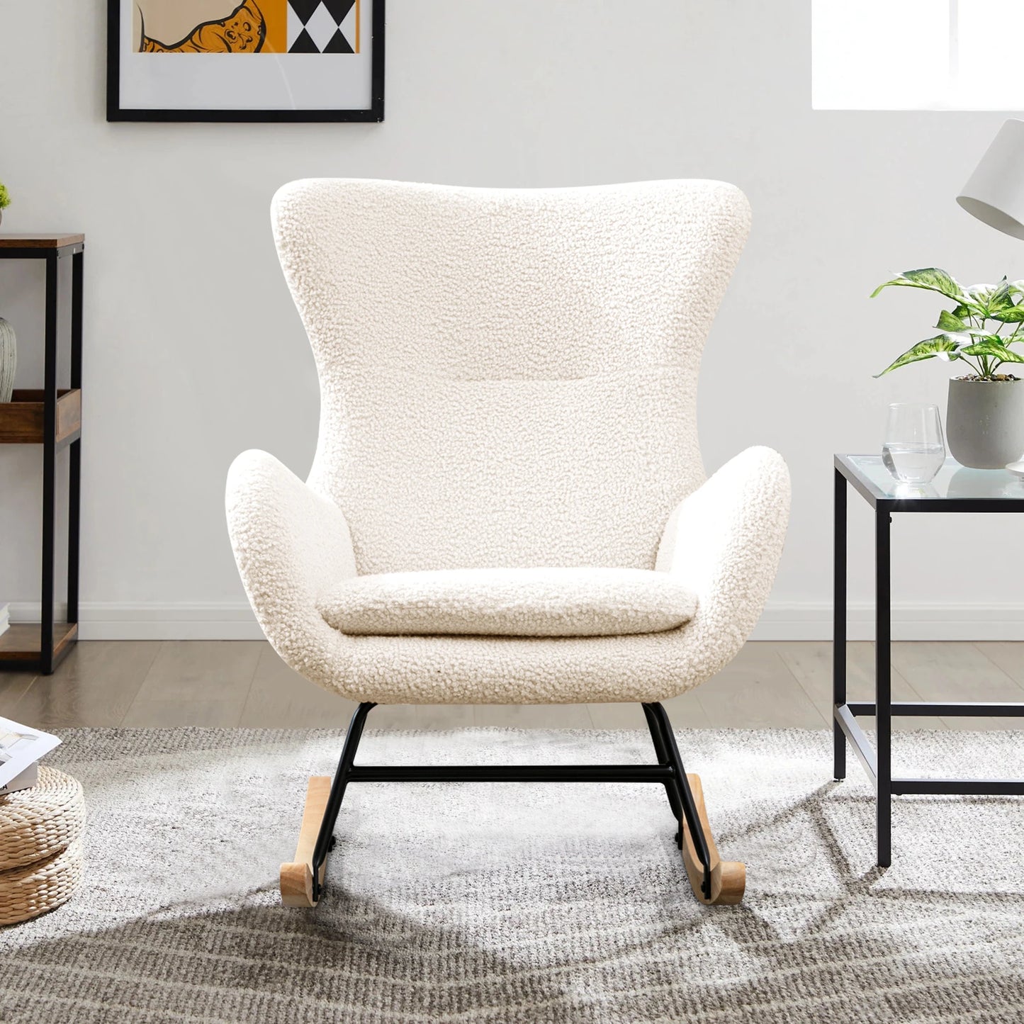 Comfortable Rocking Chair, Modern Upholstered Rocking Chair, Gliding Chair with High Backrest, Armrests and Soft Pads