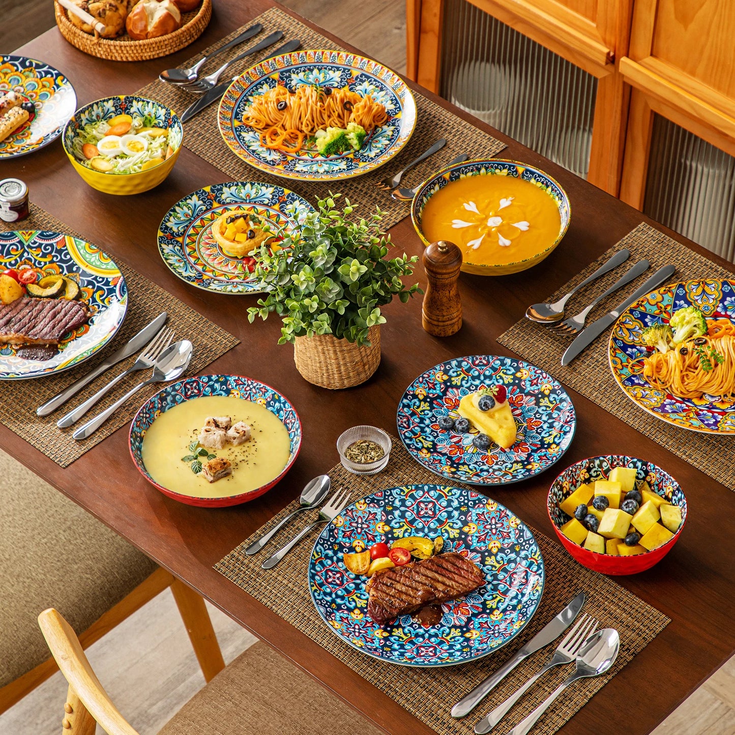 Vancasso Stoneware Dinnerware Set Bohemian Style For 6 Dinner Plates Pasta Bowls