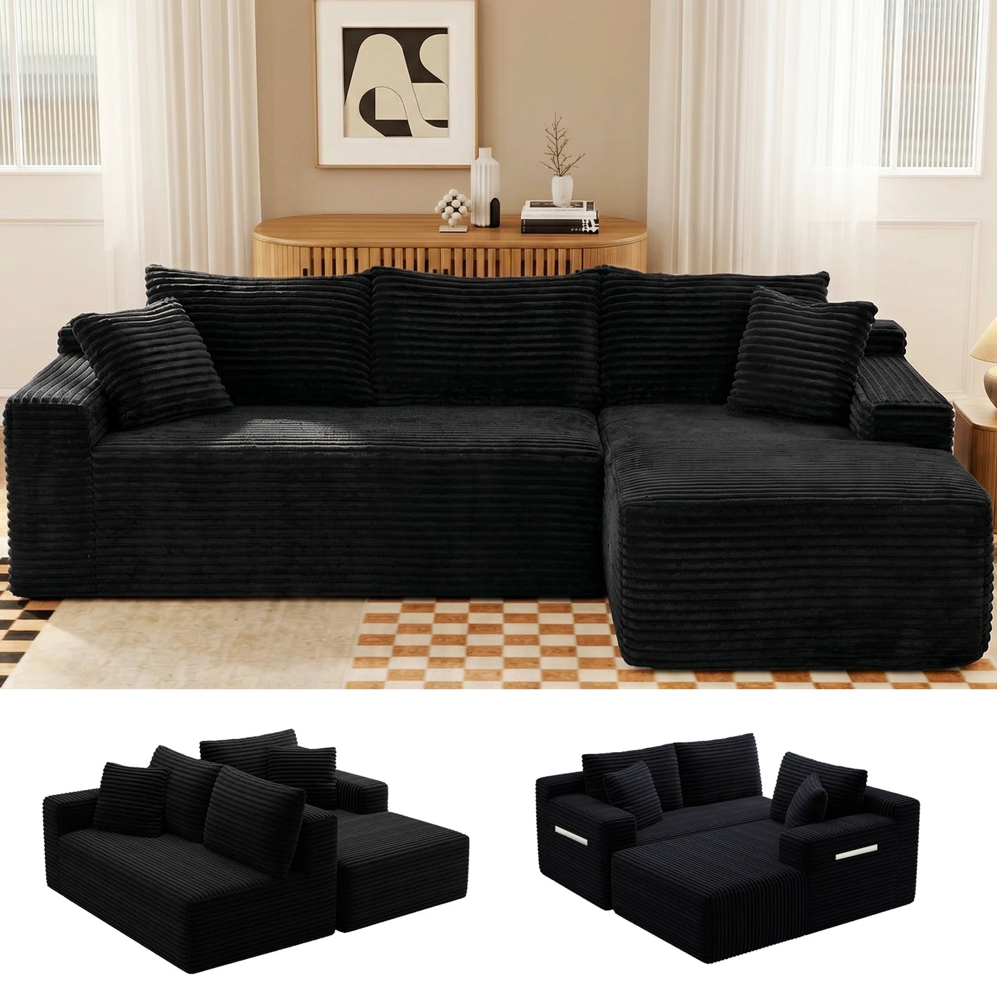 Modern Black Corduroy Modular Sectional Sofa With Deep L Shaped Chaise