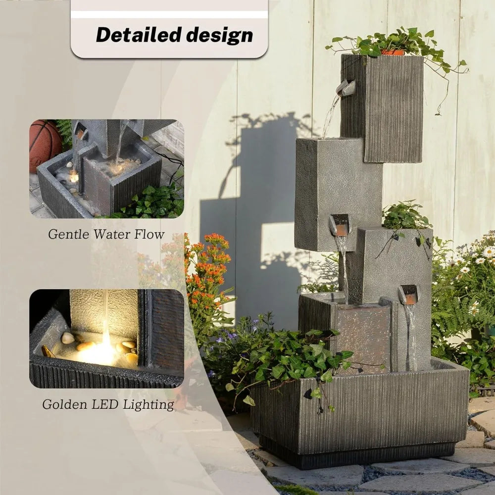 Outdoor Waterfall Fountain With Led Lights – 41.3" Tiered Resin Garden Fountain For Patio, Yard, Or Backyard