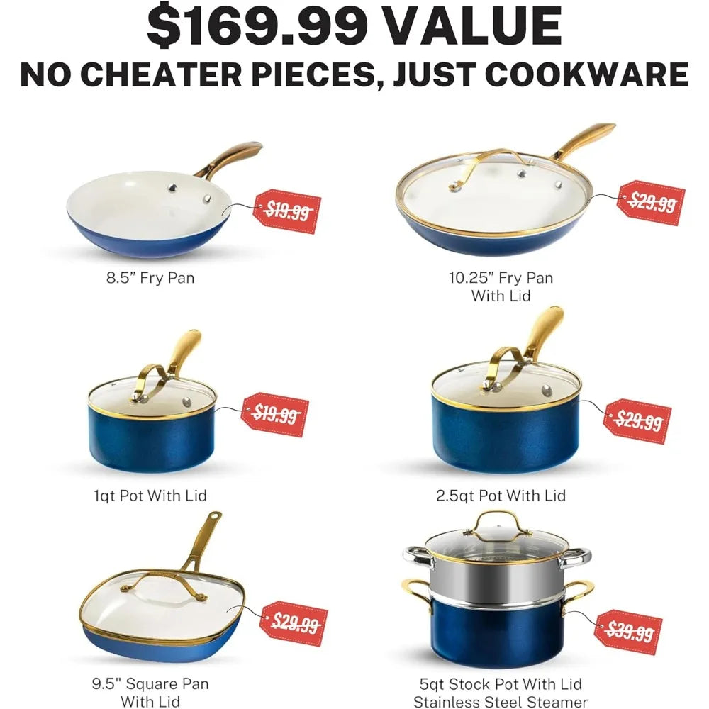 12 pc ceramic cookware set nonstick, ceramic pots and pans set non stick with steamer for cooking, non toxic pfoa pfos free, pr
